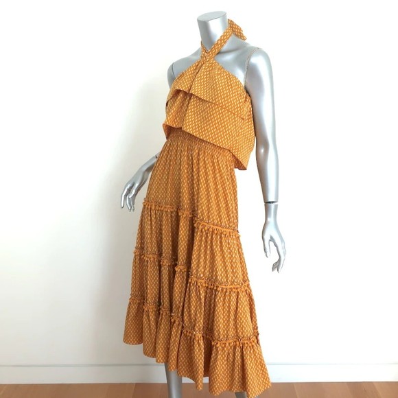 MISA Halter Midi Dress Asya Pom Pom Trim Marigold Block Print Size Small - Picture 2 of 7